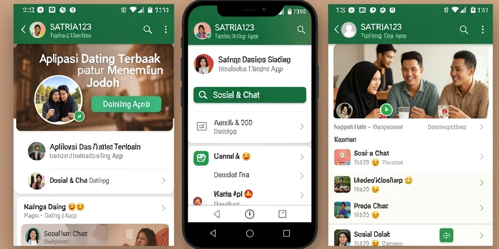 Tampilan antarmuka SATRIA123 yang modern dan menarik untuk aplikasi Dating App.